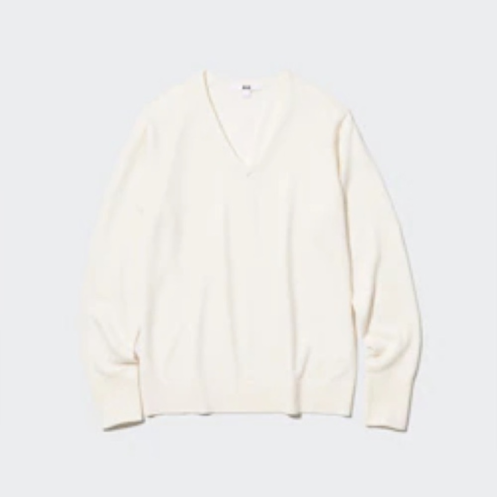 Uniqlo Cashmere V Neck Sweater - Cream & White